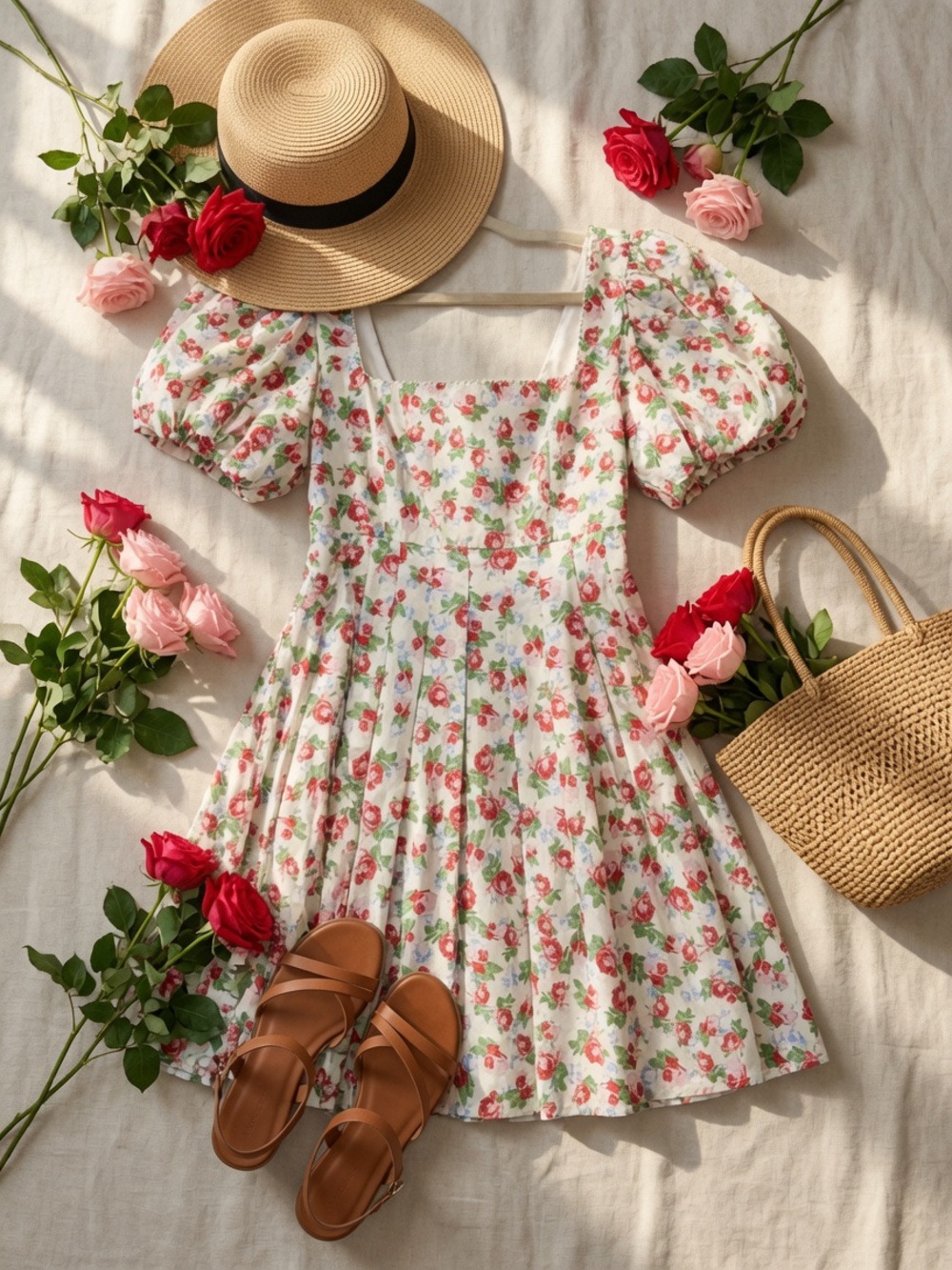 Floral Print Puff Sleeve Mini Dress